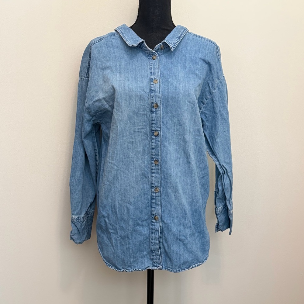Zara Light Blue Denim Shirt Split Back Collar Womens S Chambray Cotton Coastal